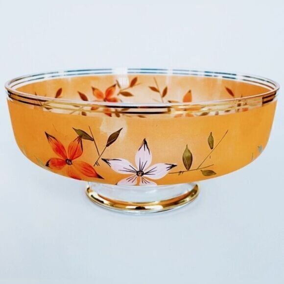 Vintage Other - Vintage MCM Frosted Glass Peach & Gold Floral Bowl​​​